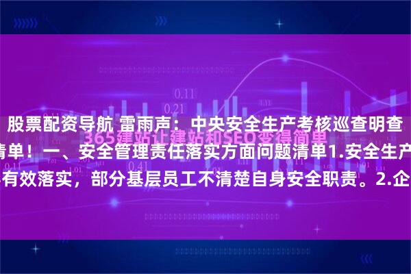股票配资导航 雷雨声：中央安全生产考核巡查明查暗访主要检查内容问题清单！一、安全管理责任落实方面问题清单1.安全生产责任制未层层有效落实，部分基层员工不清楚自身安全职责。2.企业主要负责人未按规定定期主持召开...